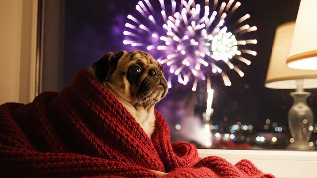 Pug wrapped in red blanket stares out window at bursting fireworks display, lamp on table