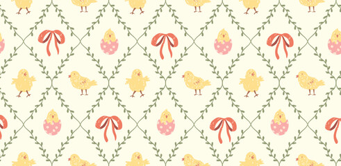 Materiał do szycia Easter seamless pattern with cute chickens, eggs and bows, pastel hand drawn vector background