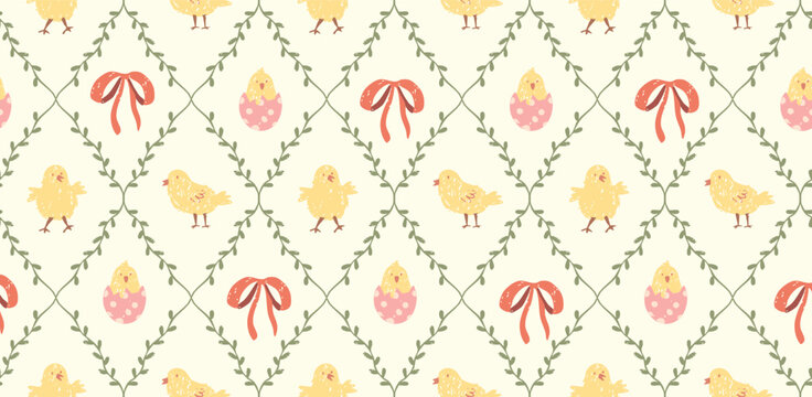 Easter seamless pattern with cute chickens, eggs and bows, pastel hand drawn vector background