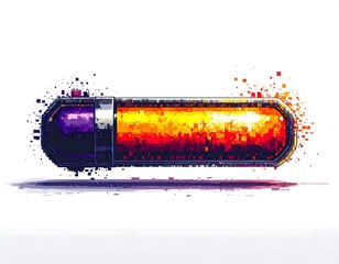 A pixelated capsule with a vibrant orange and purple color scheme