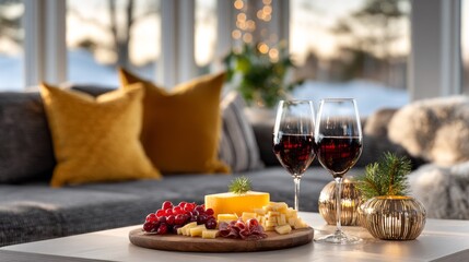 In a serene Finnish living room, two red wine glasses sit next to a wooden platter filled with cheese, berries, and cured meats. The soft glow from the setting sun creates a warm atmosphere