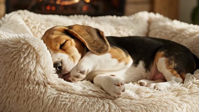 Puppy napping, curled up in a plush beige dog bed, cozy scene with the warm glow of a fireplace in the background