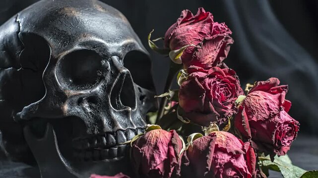Skull with roses, moody lighting, and smoke