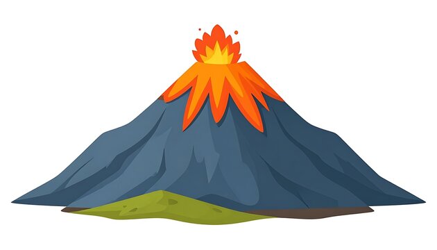 Erupting volcano illustration, billowing orange lava flows from its dark grey cone. A patch of green is at the base