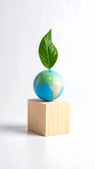 A small globe with a green leaf on a wooden block