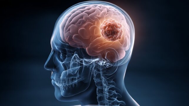 Visualization of brain cancer in a transparent head showing brain structure and tumor location in a dark environment