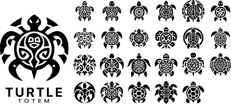 Minimal monochrome turtle totem emblems in bold black vector style, symmetrical tribal sea turtle logo icons with geometric shells and negative space patterns, tattoo symbols isolated