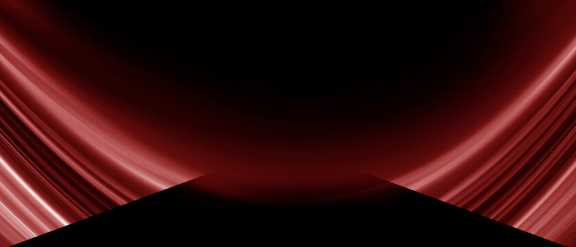 Dramatic red and black abstract background featuring glowing curved light trails. Cinematic stage design with dark center is ideal for luxury product displays and high-impact web banners