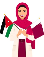 A smiling woman wearing a headscarf holding two flags
