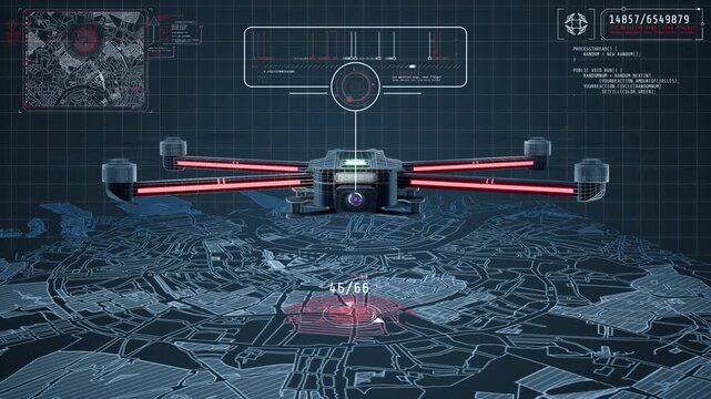 Drone monitoring city map with digital interface data