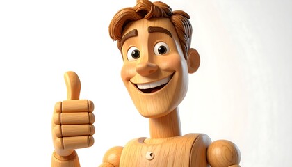 A smiling wooden mannequin gives a thumbs up