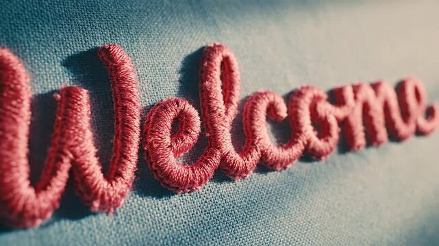 Crimson cursive embroidery spelling "welcome" on textured, blue-gray fabric, partially shaded with warm light