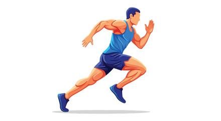 Fototapeta premium Illustration of a muscular man running in a blue shirt and shorts on a white background with a dynamic pose.