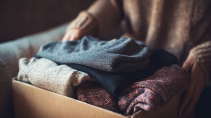 Fototapeta premium Person folds clothes and places them in a cardboard box in a cozy indoor setting during the daytime