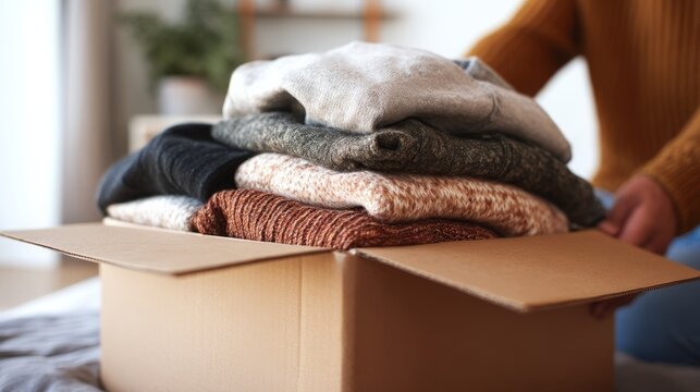 Folded clothes are placed neatly in a cardboard box for organization and storage in a bright indoor space