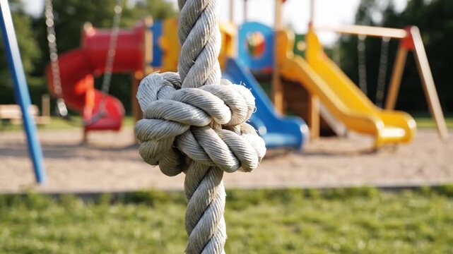 A close-up shows a large knot on a rope with a playground in the blurred background