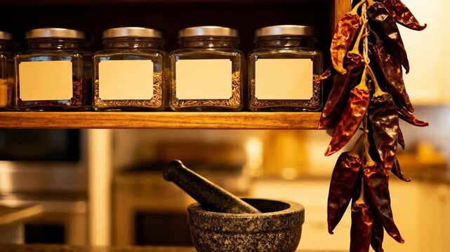 Row of spice jars with blank labels on a wooden shelf above a stone mortar and pestle in a warm kitchen with hanging dried chili peppers