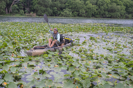 Kayak Angler Navigating the Lily Pads