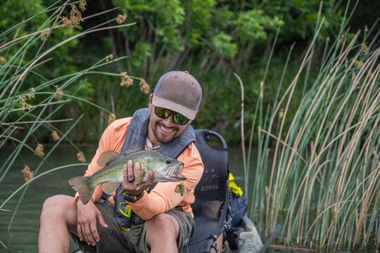 Smiling Angler Holding Bass in Kayak Among Lakeside Reeds
