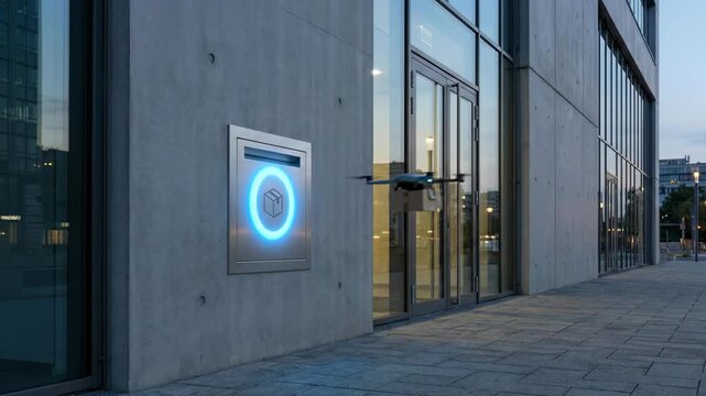 Delivery drone carrying a package towards a futuristic glowing drop-off station on a modern building wall at twilight
