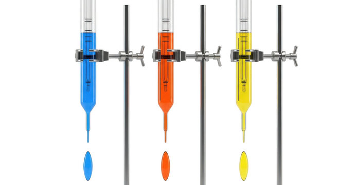 Colorful laboratory burette with blue, orange and yellow liquids dropping isolated on transparent background