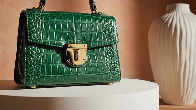 Luxe green croc-embossed handbag with gold clasp displayed on white pedestal with neutral textured vase backdrop