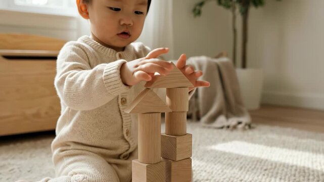 Toddler in a beige knit romper sitting on a rug and building a tower with natural wooden blocks in a bright sunlit nursery