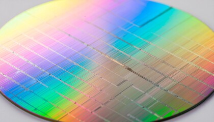 Obraz premium Vibrant microchip with rainbow colors on silicon wafer