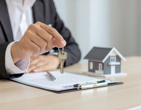 A professional real estate agent handing over keys to a client in a corporate office following the successful signing of a financial agreement and property contract at a business table