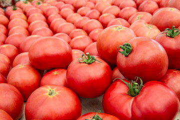 A dense pile of ripe, pinkish-red tomatoes, a few of which still have their fresh green stems.