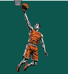 Dynamic illustration of basketball player performing a slam dunk © colorshapppy