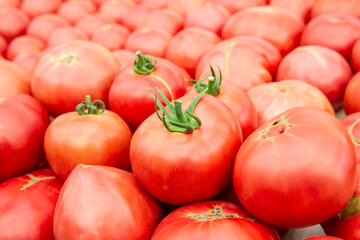 A dense pile of ripe, pinkish-red tomatoes, a few of which still have their fresh green stems.