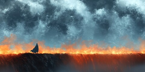 Fototapeta premium Solitary cloaked figure on a dark ridge watching a burning horizon of flames beneath heavy storm clouds, an ominous and contemplative scene