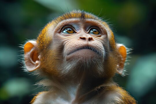 close-up of a baby monkey's ears, neck, and golden fur in soft green bokeh, evoking curiosity and gentle alertness