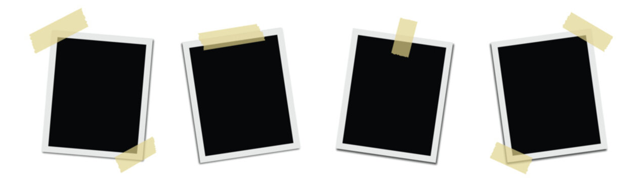 Taped photo frame mockup. Empty instant photo template. Photobooth frame vector design Four photos with sticky tape. Snapshot print for scrapbook design