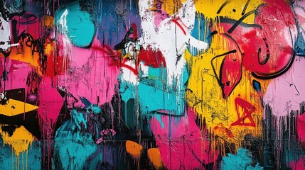 Obraz premium vibrant multicolor graffiti mural on a textured wall with dripping paint, bold splashes of pink, teal, yellow and black, layered abstract forms conveying energetic chaotic expression
