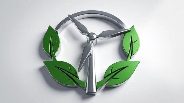A 3D rendered logo of a wind turbine, encircled by a ring and framed with stylized green leaves