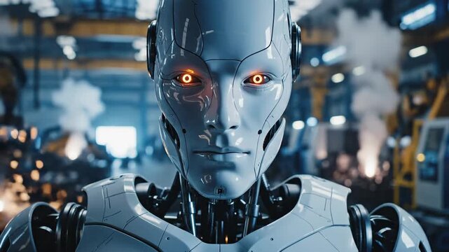 Sleek, grey humanoid robot with orange eyes stands in a manufacturing facility
