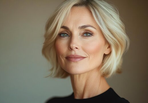 Soft-lit head-and-shoulders portrait of a woman with short platinum blonde bob, exposed neck and ear, wearing a black top against a neutral background, calm and elegant mood