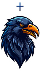 Fototapeta premium Fierce blue bird head, beak open, glaring eye, set on white background, topped with cross symbol