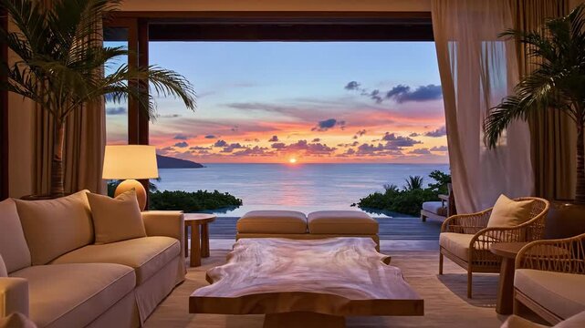 Luxurious interior boasts a stunning ocean sunset view framed by palm trees and neutral furniture