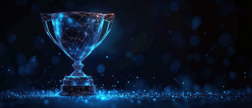 glowing blue wireframe trophy on a sparkling surface with bokeh lights conveying victory and celebration