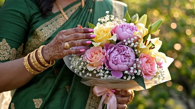 Hands holding colorful bouquet of roses, peonies, and lilies. Lush green saree & golden jewelry complete the scene