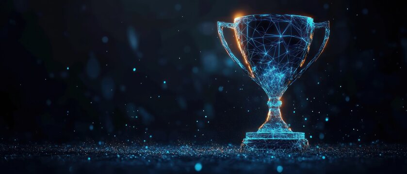 glowing blue and orange wireframe trophy cup on dark stage with floating particles conveying futuristic victory and triumphant celebration