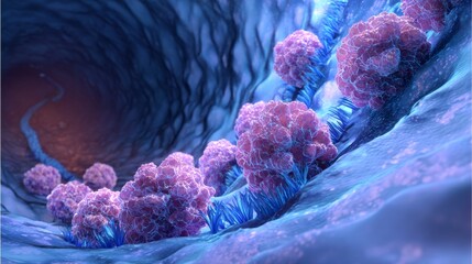 Fototapeta premium Biomedical render shows colon cancer cells spreading in the intestinal pathway