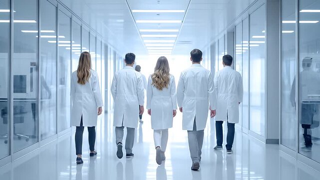 Team of researchers in lab coats walking together through modern research facility hallway