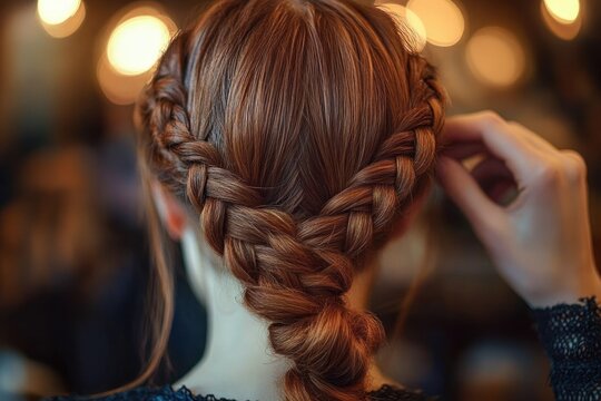 Back view of a person with intricate double braids tied into a knotted bun, hand adjusting hair, warm bokeh lights, cozy intimate elegant mood