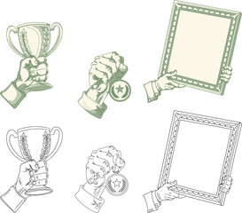 Vintage etching illustration set of hands holding trophy cup, gold medal, and certificate frame.perfect for competition, achievement, and success-themed designs.