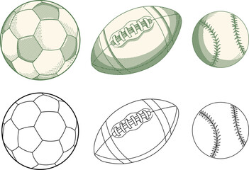 Vintage Etching Sports Ball Illustrations Set,soccer, American football, and baseball.Perfect for retro-themed sports branding, editorial design, and athletic equipment packaging.