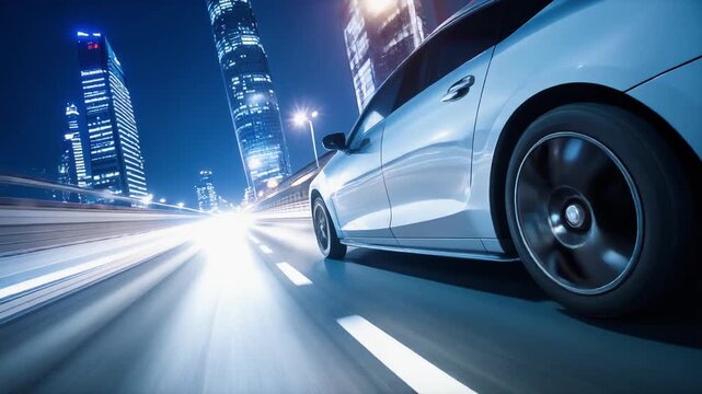Silver sports car speeding along urban highway at night with bright light trails